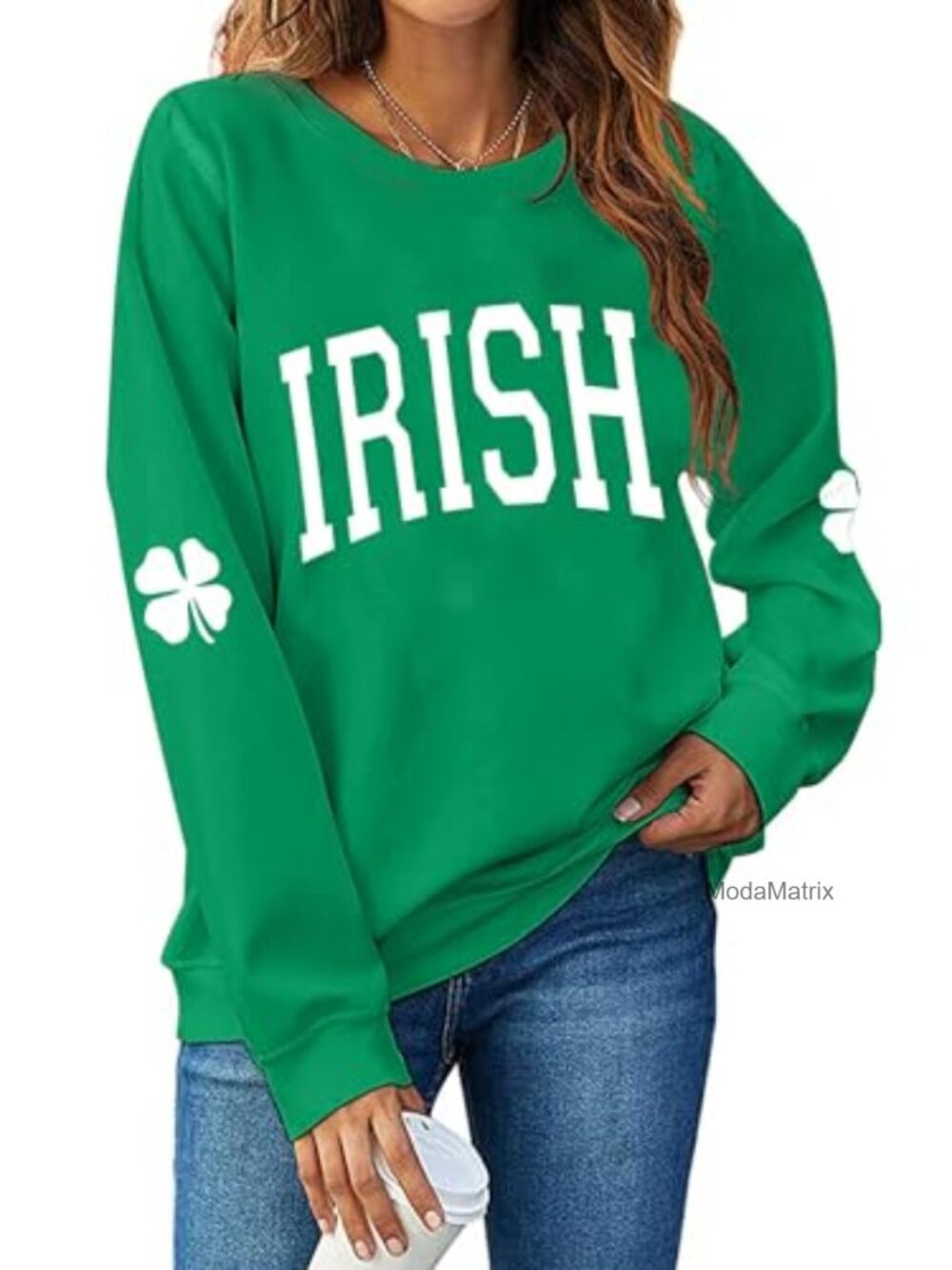 Women's Shamrock Clover Print Long Sleeve Crew Neck Casual Pullover Sweatshirt